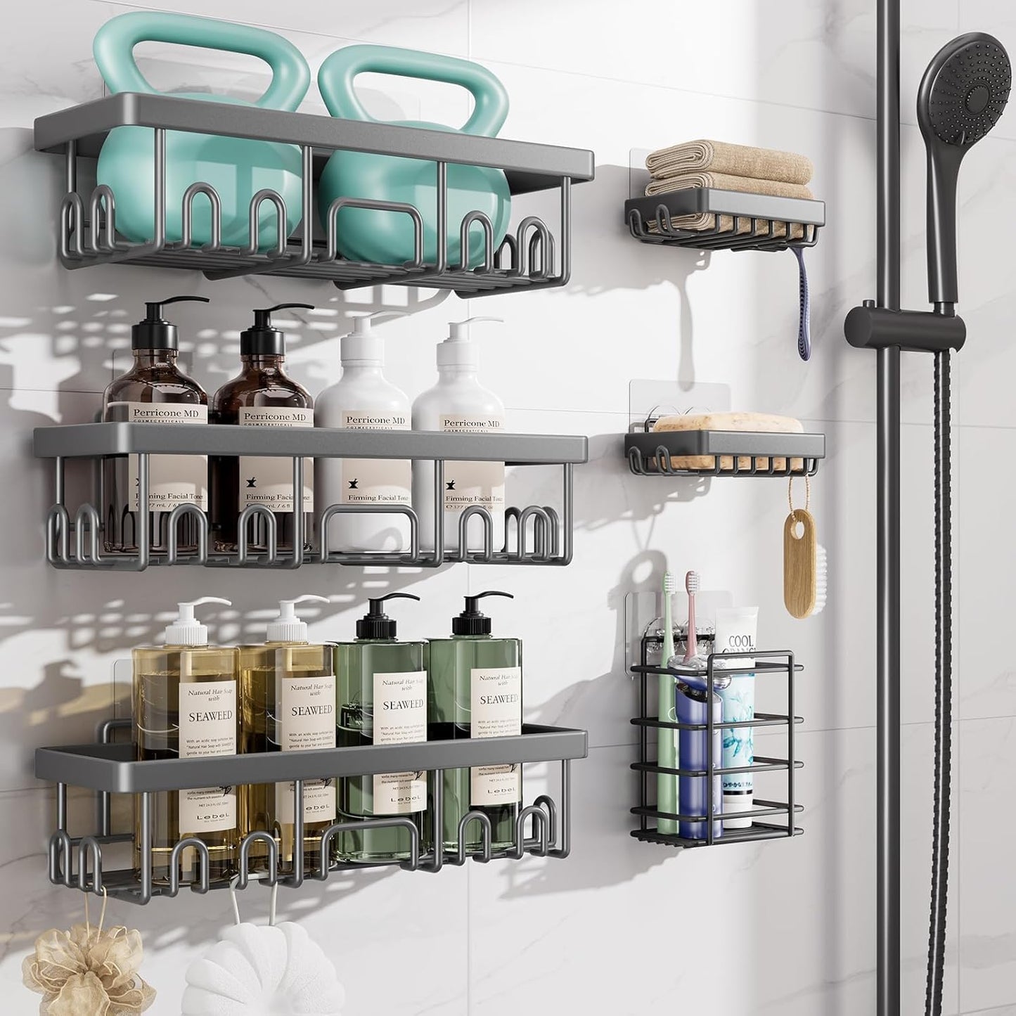 Veken Shower Caddy 6-Pack, Advanced Rustproof Design, No Drilling Adhesive Shelves, Rack with Soap Holder, Large Capacity Bathroom Organizers and Storage, Wall-Mounted Kitchen & Home Decor