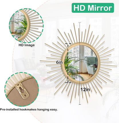 Gold Sunburst Mirrors for Wall Decorative Metal Round Art Mirrors Large Wall Decor Hanging Mirror for Bathroom Bedroom Living Room Vanity Entryway 16"
