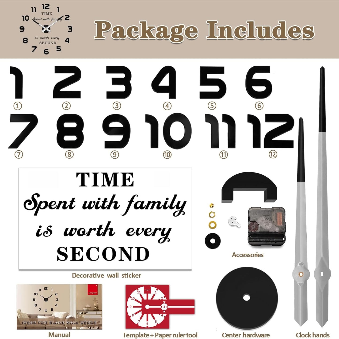 VANGOLD Large Wall Clocks for Living Room Decor, Decorative Wall Clocks Battery Operated (Black Wall Decor)