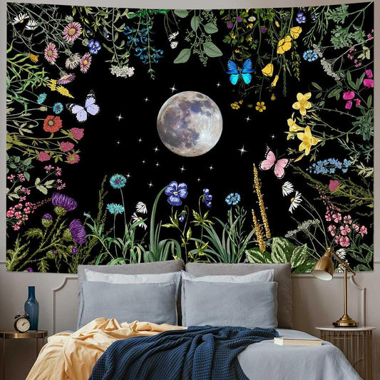 TPMDFC Moon Garden Tapestry, 80x60inch, Boho Moon Floral Tapestry for Bedroom Nature Flowers Plants Tapestries Wall Hanging for Living Room Dorm