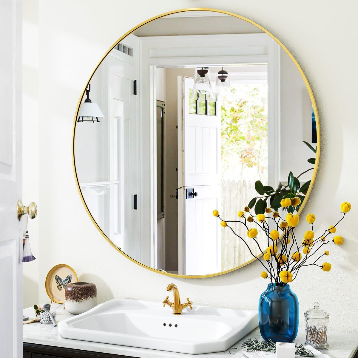 VooBang Large Black Round Bathroom Mirror, 48 inch Circle Wall Mounted Hanging Mirror with Simple Modern Circular Metal Frame for Hallway, Entryway, Living Room, Black Frame