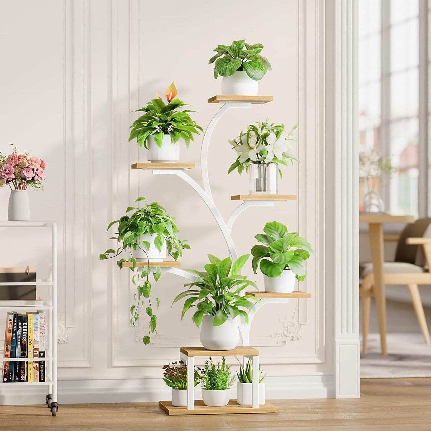 BACEKOLL Plant Stand Indoor with Grow Lights, 7 Tiered Indoor Plant Shelf, 49" Corner Plant Stands for Indoor Plants, Metal Plant Flower Display Shelf, Tree-Shaped Plant Rack for Home, Patio, Brown