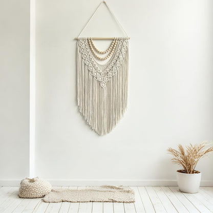 guzhiou Macrame Wall Hanging Boho Geometric Woven Tapestry Cotton Handmade Bohemian Art Decor with Wood Bead Wall Decor for Bedroom Living Room Apartment Nursery 31.5" L x 17" W (Wood bead-B)