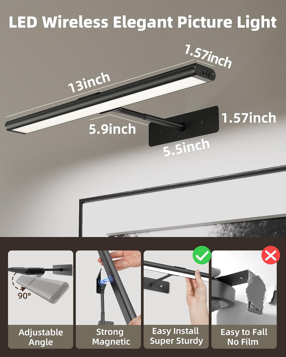 EZVALO Picture Light for Wall, 4800mAh Rechargeable Wireless Remote, 16in Dimmable Magnetic LED Art Display Light with 3 Color Temperatures, for Gallery, Living Room, Bedroom, Hallway (Gold)