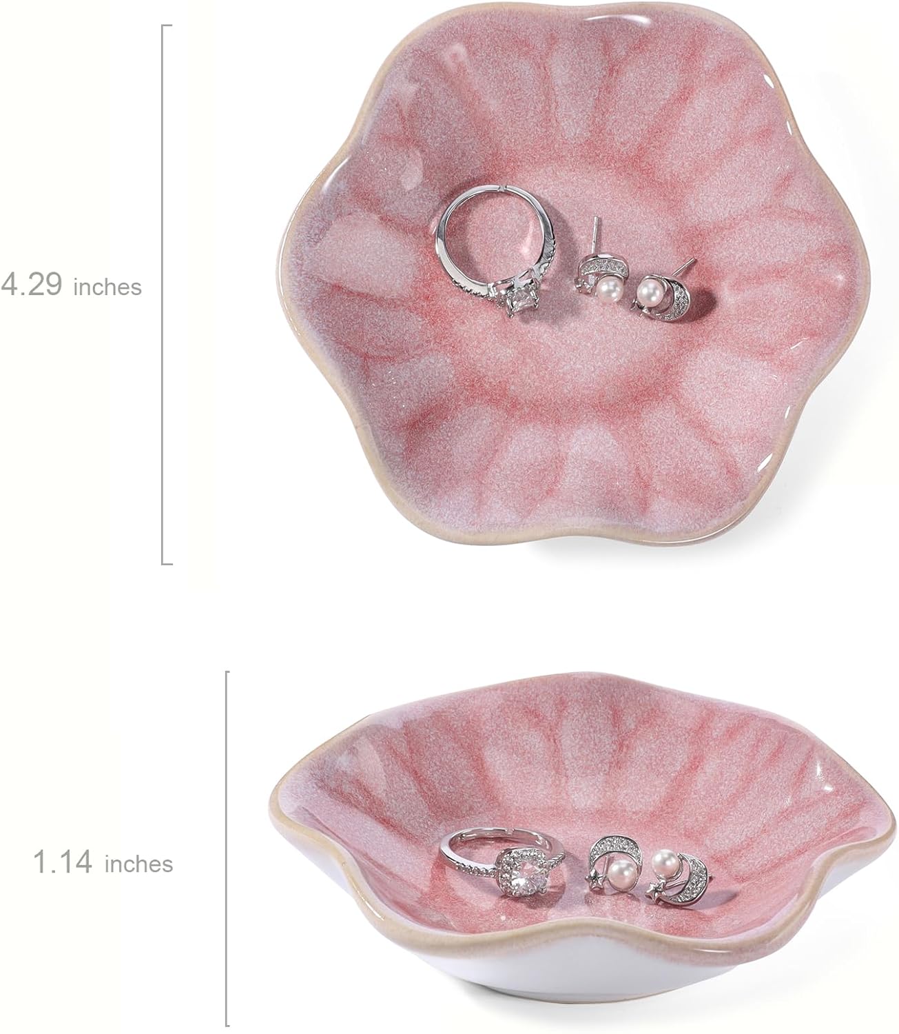 Pink Flower Ring Dish Holder,Jewelry Dish Tray,Small Trinket Tray,Jewelry Plate Bowl,Key Bowl,Decorative Plate,Mothers Day Birthday Gifts for Women Friends,Ceramic Kiln effect White