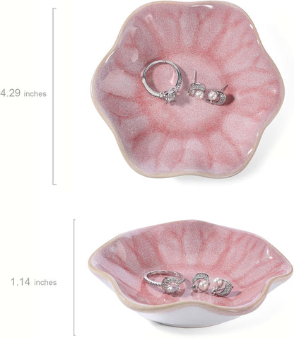 Pink Flower Ring Dish Holder,Jewelry Dish Tray,Small Trinket Tray,Jewelry Plate Bowl,Key Bowl,Decorative Plate,Mothers Day Birthday Gifts for Women Friends,Ceramic Kiln effect White