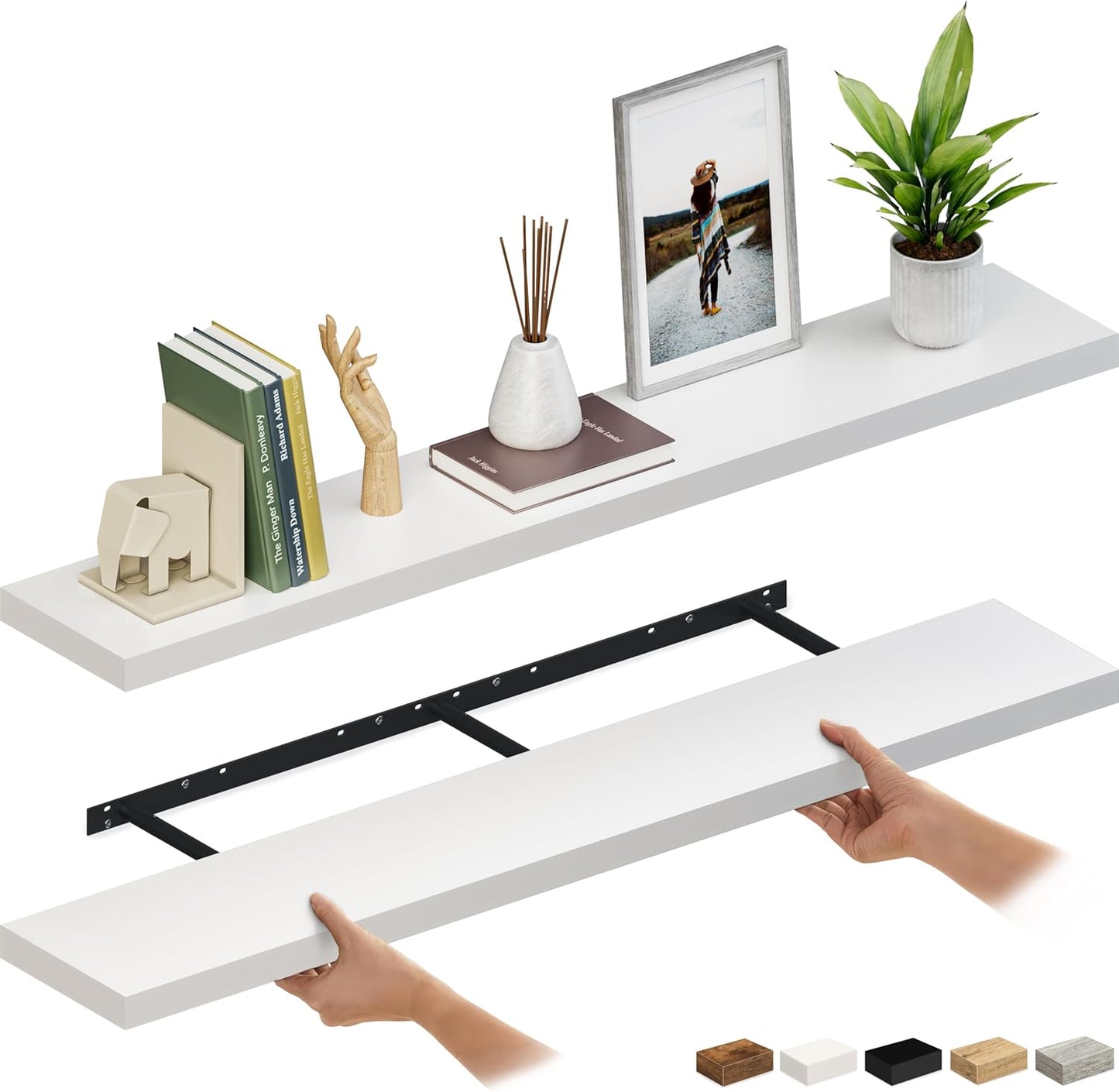 Ballucci Floating Shelves for Wall, 48" Wood Wall Shelf Set of 2, with Invisible Brackets for Bathroom, Living Room, Bedroom, Kitchen, Nursery, 8" Deep, Black