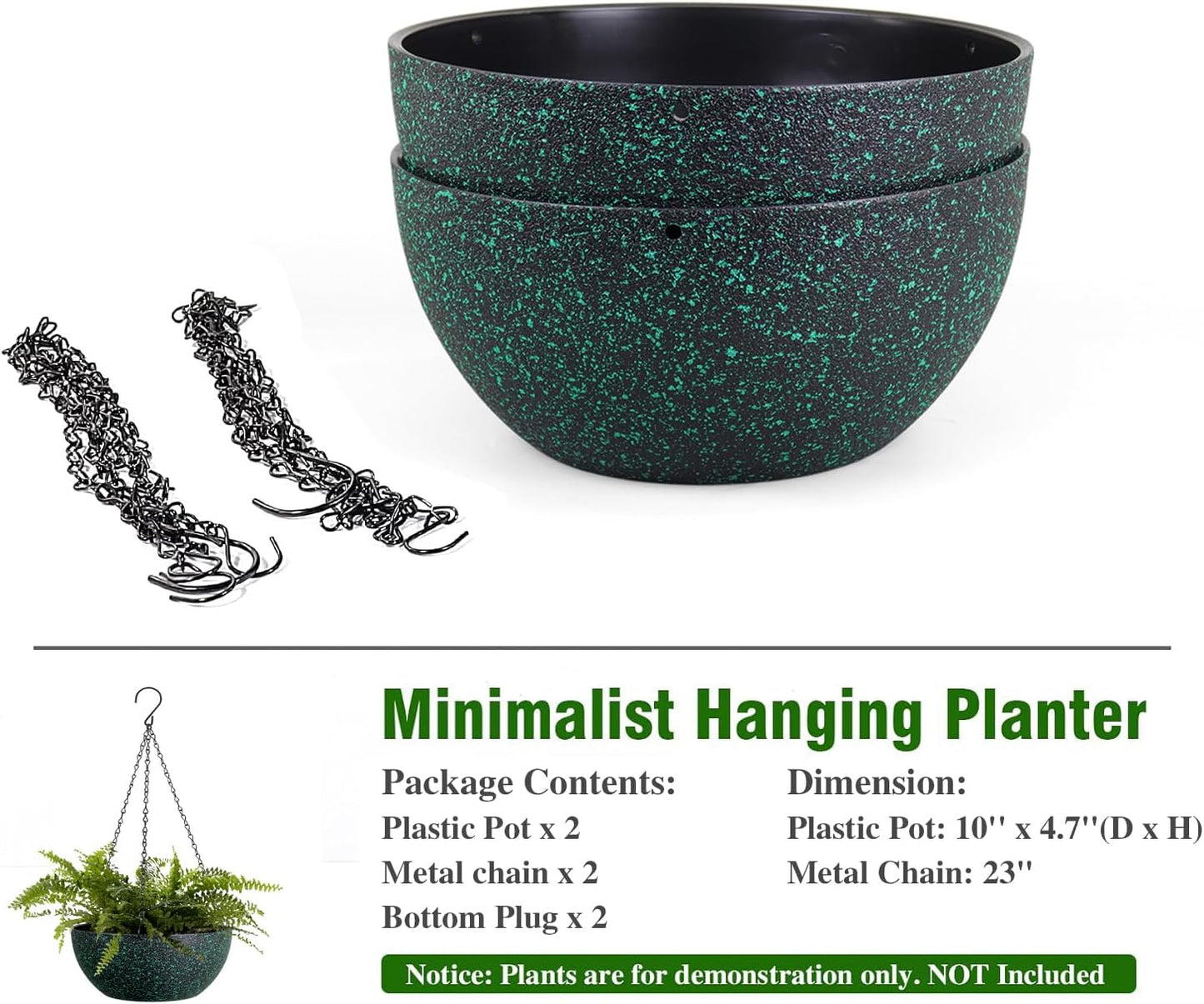 WSMKSZ 10 inch Hanging Planters for Outdoor Indoor Plants with Drainage Holes and Chain, 2 Pack Round Hanging Flower Pots for Garden Home Porch Decor, Black