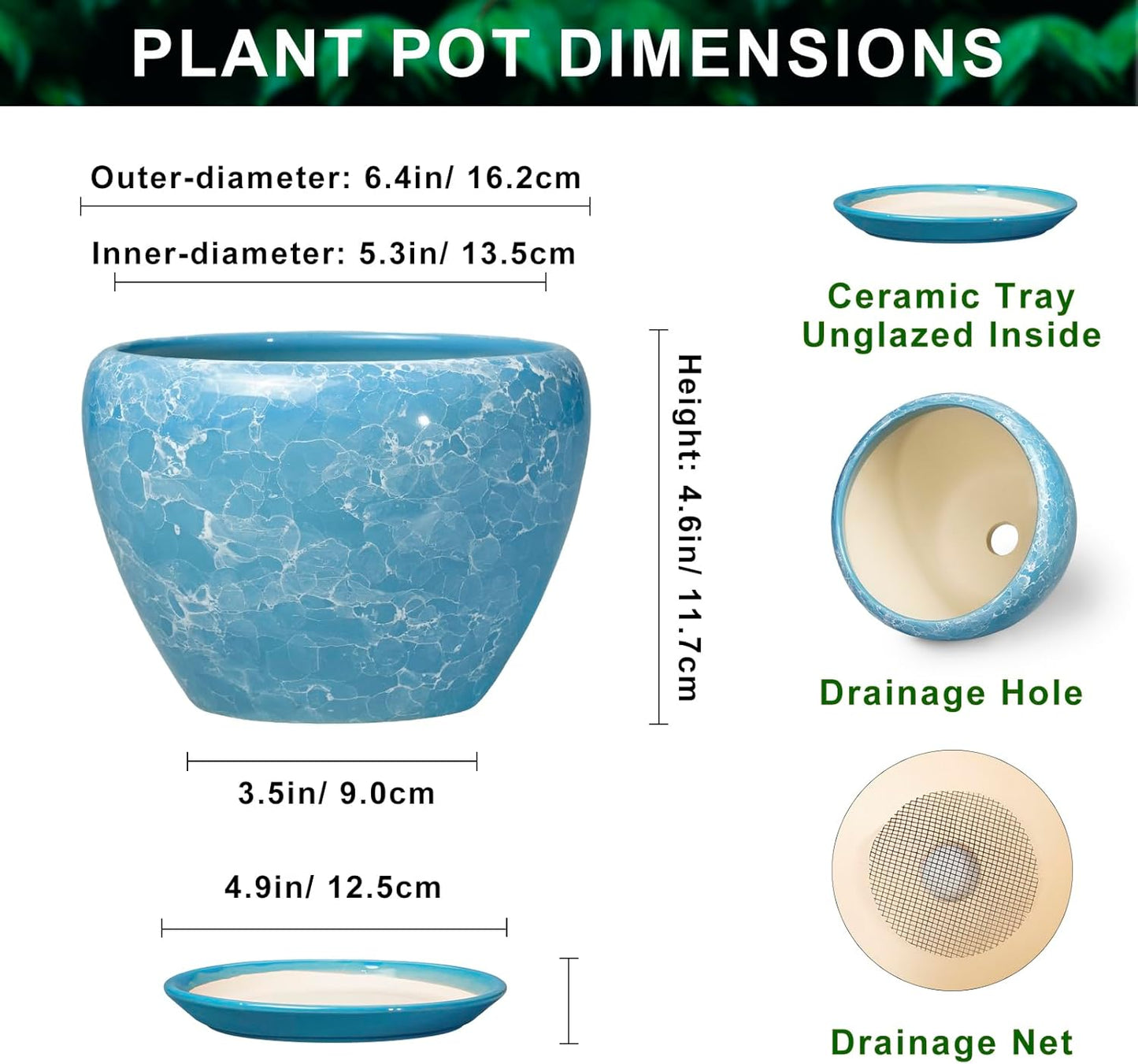 6 Inch Plant Pot - Ceramic Pots for Plants with Drainage Hole and Saucer, Round Succulent Planter Indoor Outdoor, Modern Flower Pot for Snake Plants, Home Decor, Gifts for Plant Lover, Blue