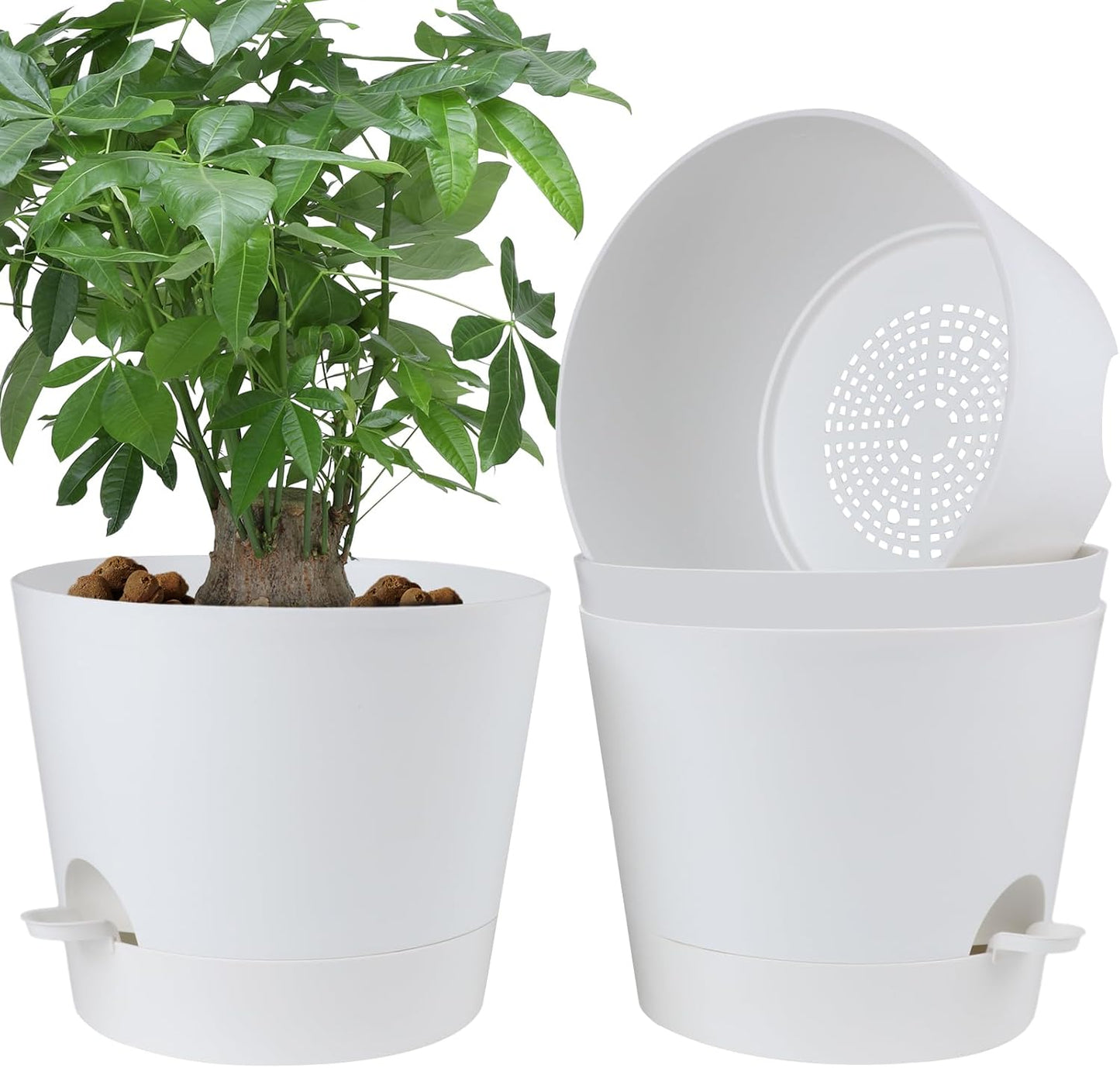 YNNICO Indoor Self Watering Planters with Drainage Holes and Saucers, 8, 7, 6.5, 6, 5.5, 5 Inches, Black, 6 Pots