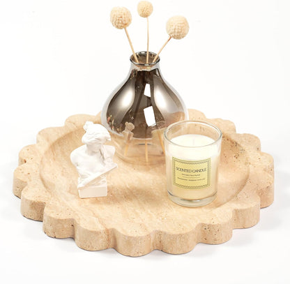 Marble Perfume Tray with Legs - Oval Decorative Stone Pedestal for Bathroom Vanity Coffee Table Kitchen Countertop, Footed Jewelry Candle Organizers Catchall Plate Riser with Scalloped Feet
