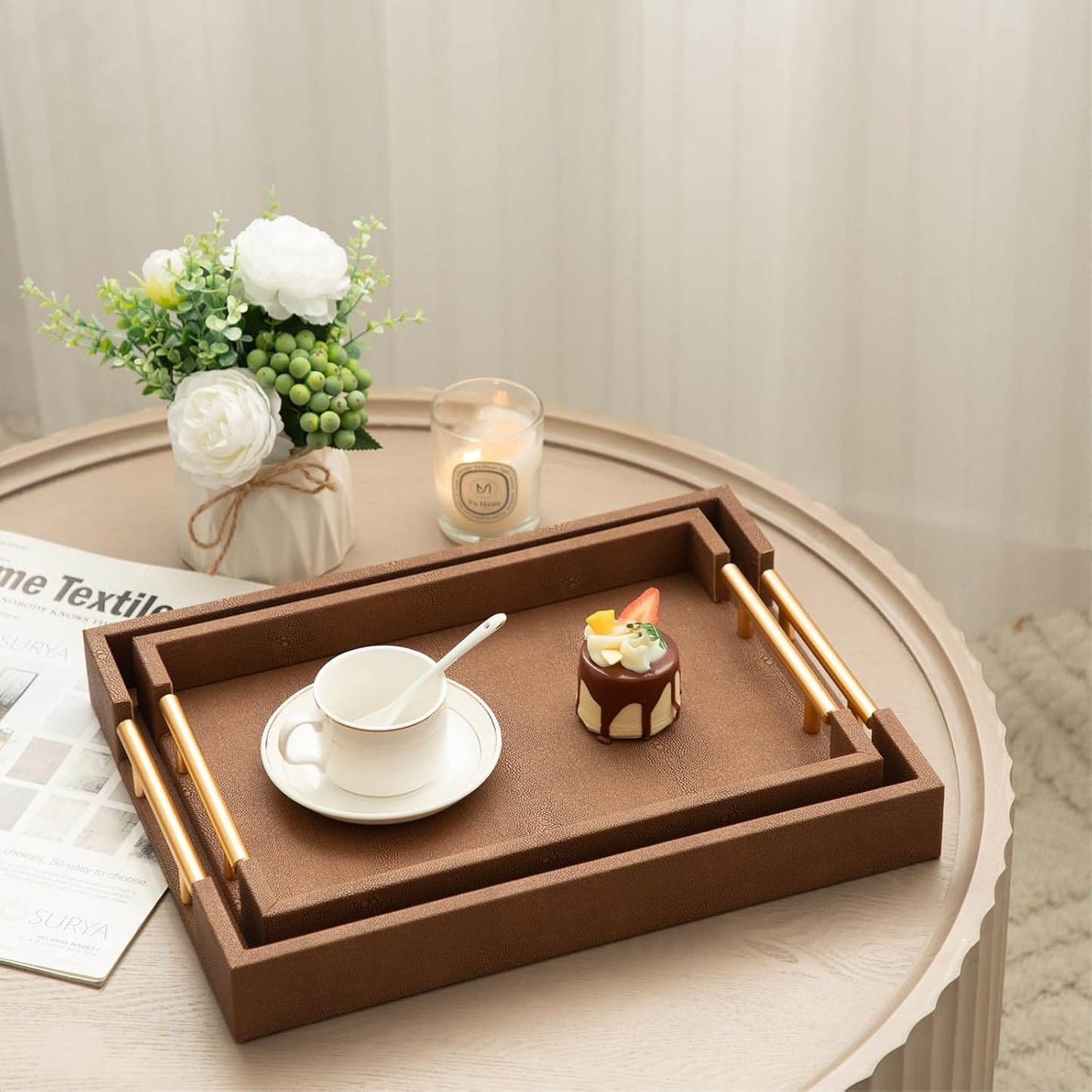 Modern Decorative Tray Set of 2 Ivory Shagreen Leather and Wood Serving Tray with Gold Polished Metal Handles for Ottoman, Coffee Table, Bathroom and More