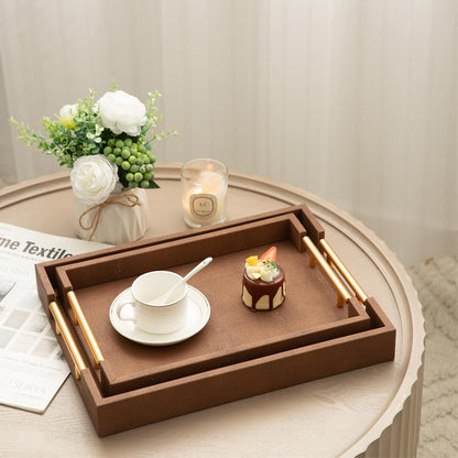 Modern Decorative Tray Set of 2 Ivory Shagreen Leather and Wood Serving Tray with Gold Polished Metal Handles for Ottoman, Coffee Table, Bathroom and More