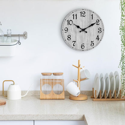 Wall Clock, Rustic Wall Clocks Battery Operated Silent Non Ticking, Country Round Wooden Clocks Farmhous Wall Decorative for Kitchen, Bathroom, Living Room (Gray 8 Inch)