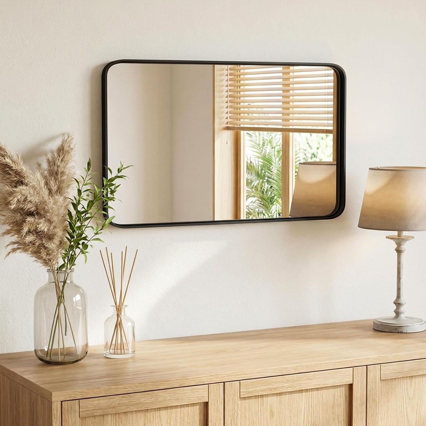 OLIXIS Arched Bathroom Mirror for Over Sink, 34x32 Inch Wall Mirror Arched Rounded Rectangle, Modern Wall Mount Vanity Mirror with Matte Metal Deep Framed, for Home Decor, Living Room, Black