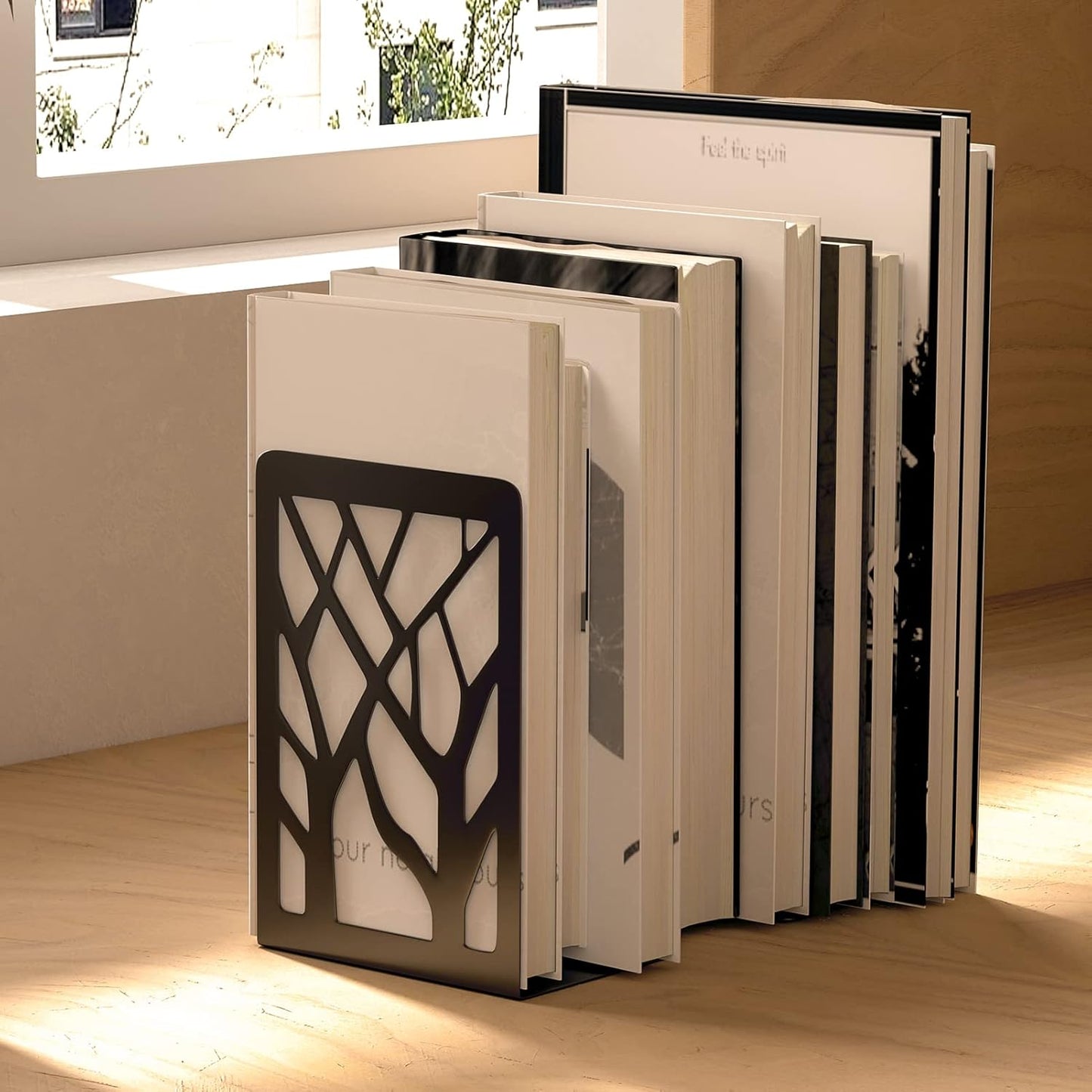 MaxGear Book Ends Tree Design Modern Bookends for Shelves, Non-Skid Bookend, Heavy Duty Metal Book Stopper for Books/DVDs, Decorative CD Holder & Video Game Organizer, 7 x 4.7 x 3.5”, Black