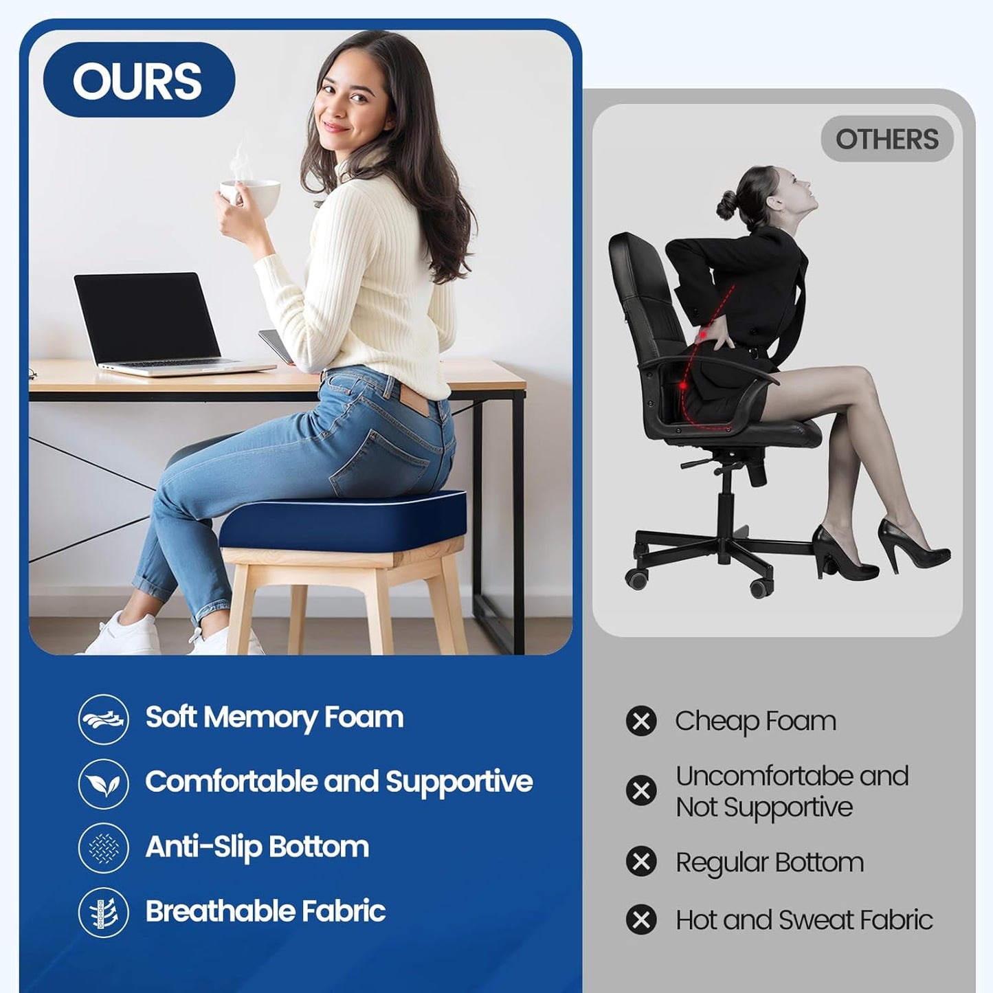 SweetSlubr Seat Cushion for Tailbone Pain Relief, Office Chair Cushion, Memory Foam Large Cushion with Non-Slip Cover for Soft Support at Office Chair, Car Seat, Airplane, Floor Pillow, Black/Large