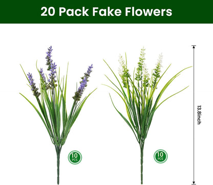 20 Bundles Artificial Plants Outdoor, UV Resistant Fake Flowers， Realistic Faux Lavender Shrubs for Porch Garden Window Box Home Decoration (Purple)