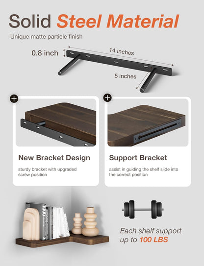 BATODA Acacia Wood Corner Floating Shelves 17" x 12"– Corner Shelf Wall Mounted - Floating Book Shelves for Wall - Brackets and Shelving Hardware Included for Kitchen, Living Room, Bathroom (Set 2)
