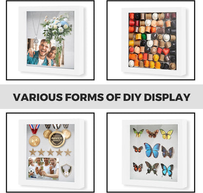 Muzilife 8x8 Shadow Box Picture Frame with Linen Board - Deep Wood & Glass Display Case Ready to Hang Memory Box Baby Sports Memorabilia, Pins, Awards, Medals, Wedding, Tickets and Photos (Black)