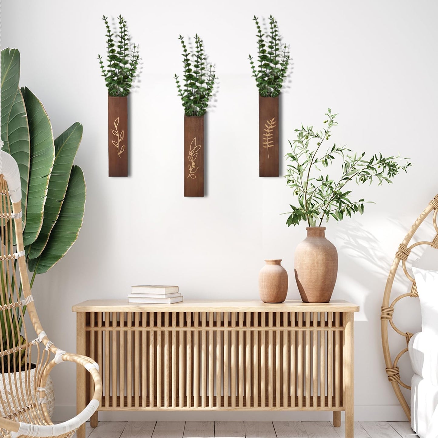 Wooden Wall Planter Set of 4 - Modern Home Decor for Living Room, Bedroom, Bathroom - Walnut Finish Planter for Dried Flowers, Faux Greenery, Indoor Plants