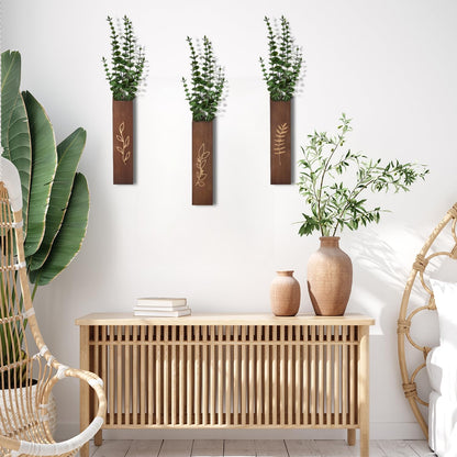 Wooden Wall Planter Set of 4 - Modern Home Decor for Living Room, Bedroom, Bathroom - Walnut Finish Planter for Dried Flowers, Faux Greenery, Indoor Plants