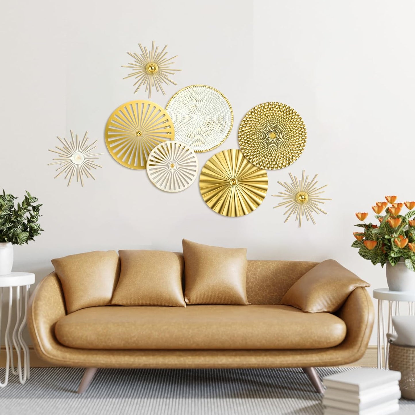 8 Pcs Gold Wall Decor Modern Metal Decor Metal Starbursts Radial Plate Art Hanging Decorative Wall Decorations for Home Bedroom Bathroom Living Room Office Sculpture(Gold)