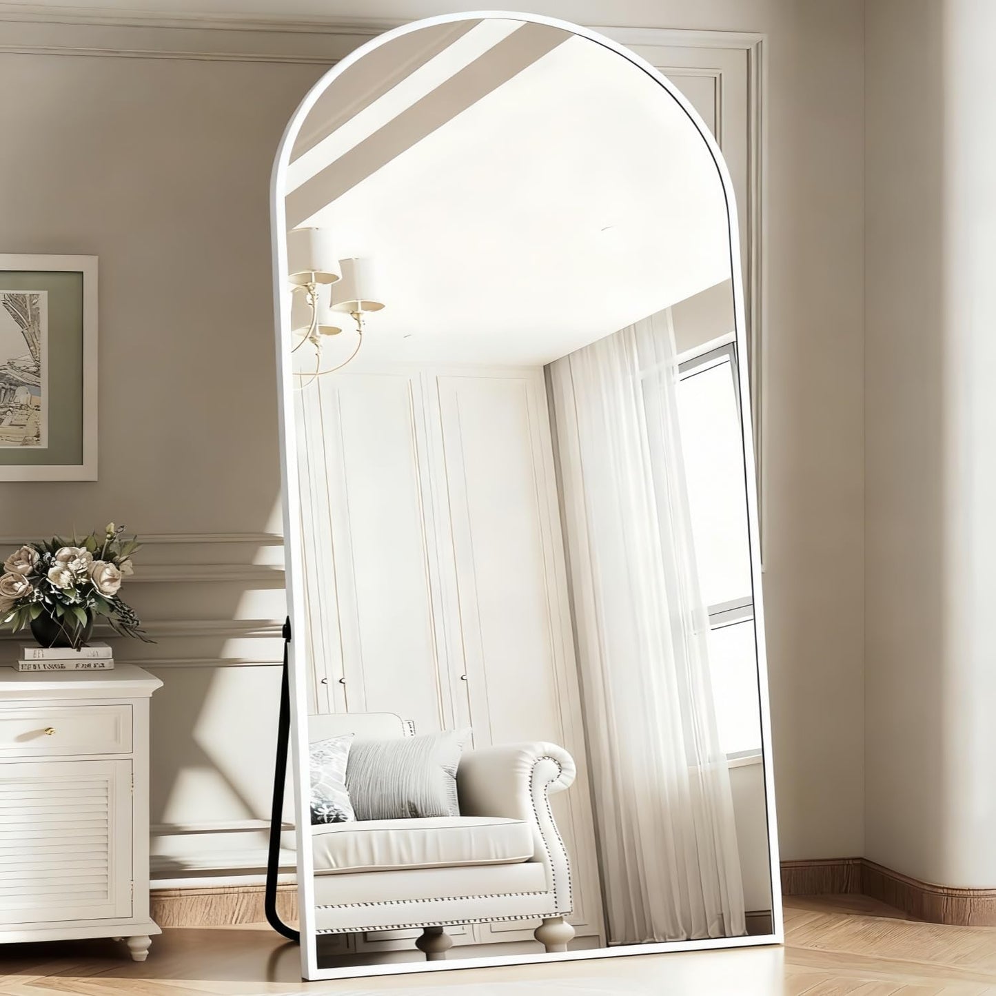 Dewfig Arched Full Length Mirror, 76"x34" Large Floor Mirror, Full Body Mirrors for Leaning or Hanging, Standing Mirrors for Bedroom, Living Room,Dressing Room, Aluminum Alloy Frame, Black