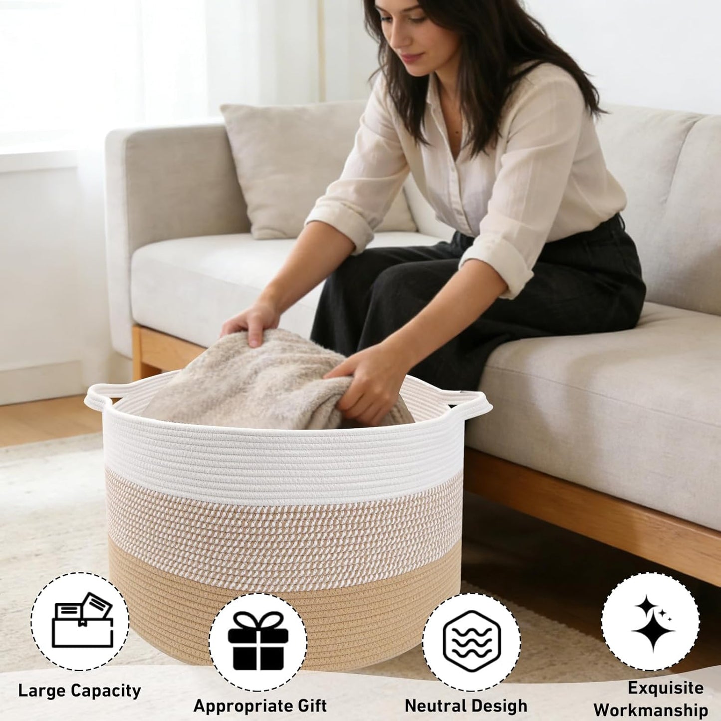 Large Woven Blanket Basket,65L Cotton Rope Laundry Basket Hamper with Handles, Decorative Nursery Basket Storage Bin for Toys, Clothes Organizer, Living Room, Bedroom, Bathroom, White & Brown