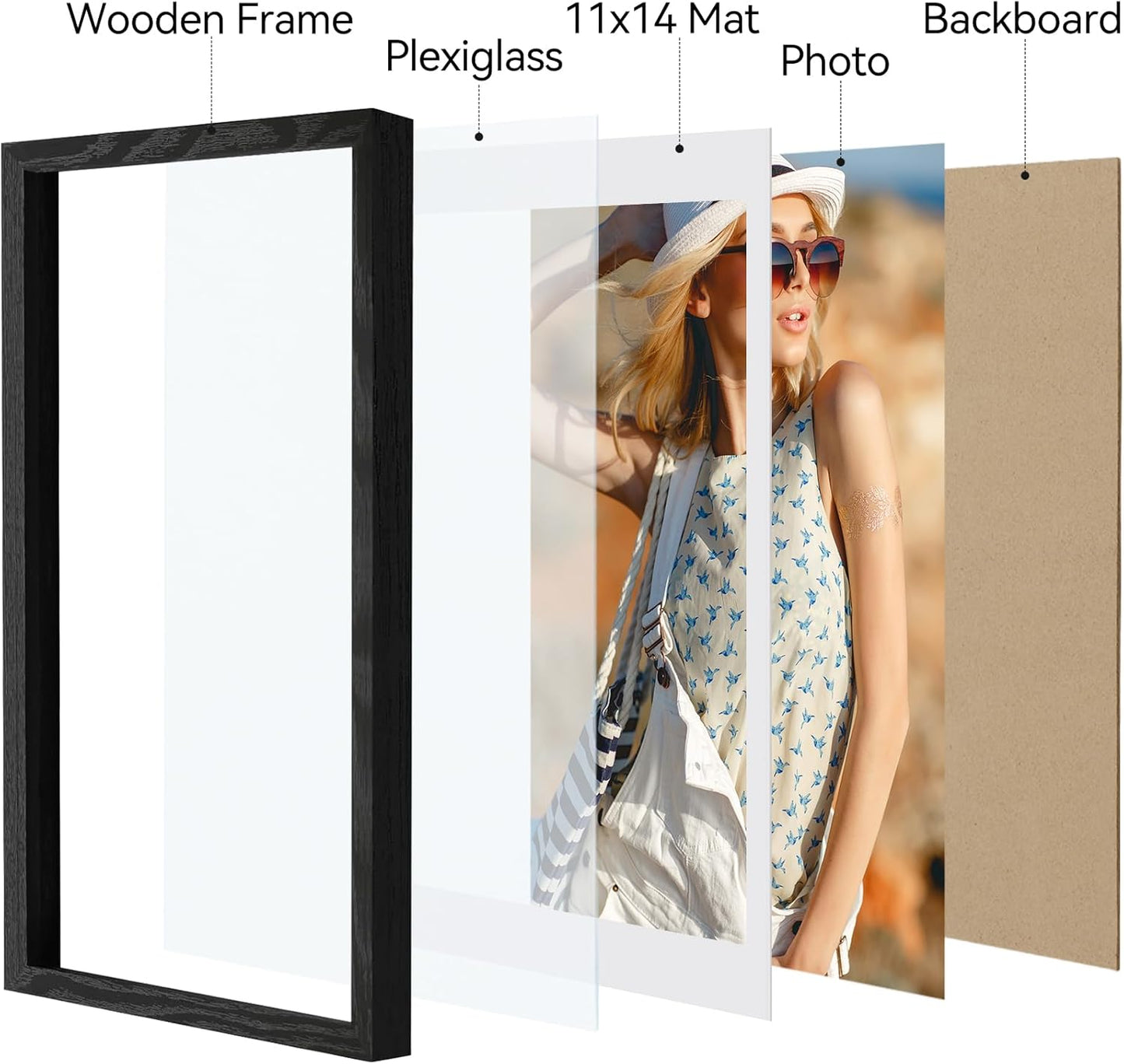 Vittanly 11x14 Picture Frame, Display Pictures 8x10 with Mat or 11x14 without Mat, Photo Frame for Wall Mounting, Black, 1 Pack - Colors A