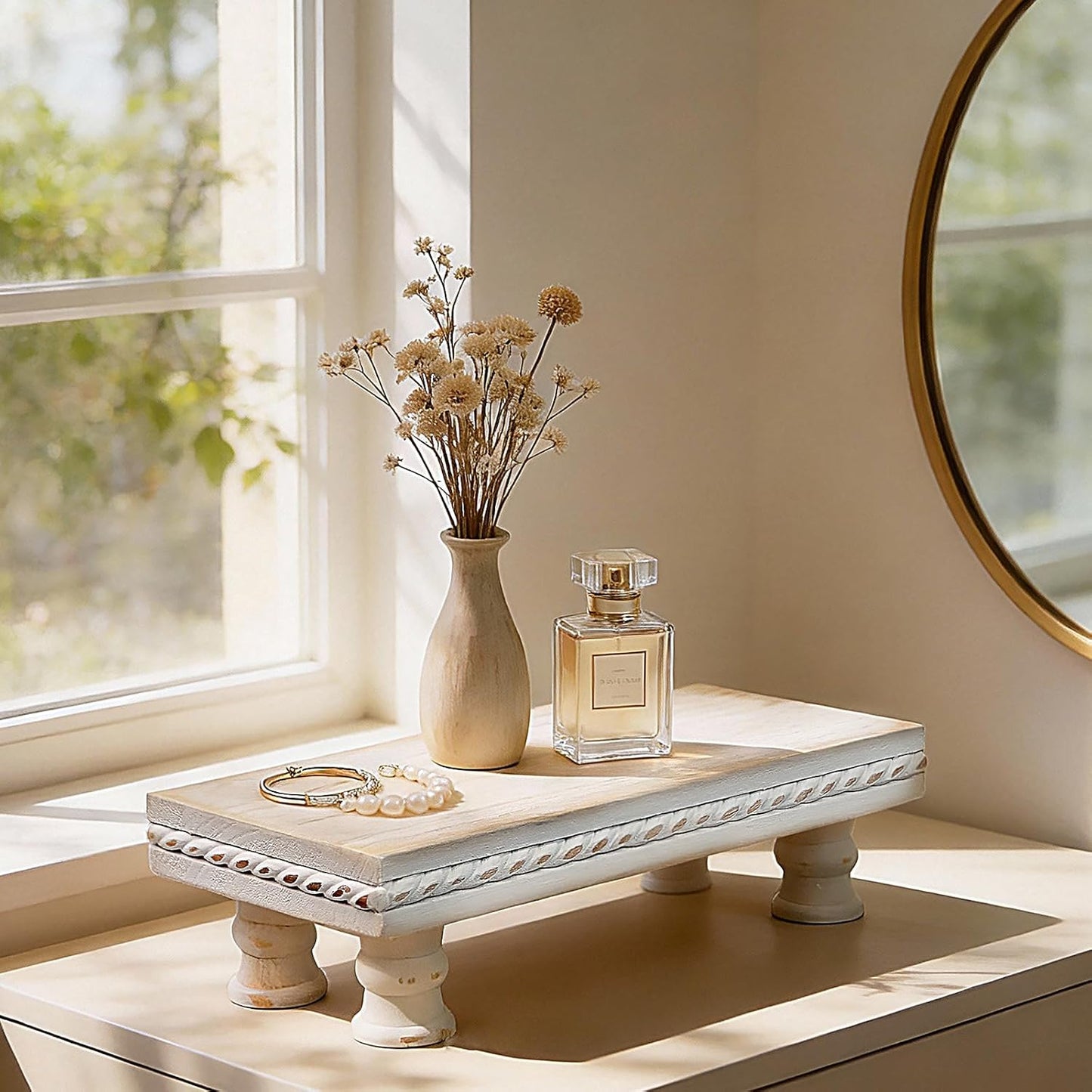 Wood Tray Pedestal Stand, Waterproof Bathroom Counter Organizer, Modern Farmhouse Riser for Soap/Candle/Sponge White Small