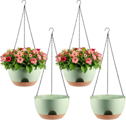3-Piece Set of 10-Inch Hanging Planters with Automatic Watering System and Drip Tray, Includes Metal Chain, Suitable for Various Indoor and Outdoor Plants and Flowers, Green Brown