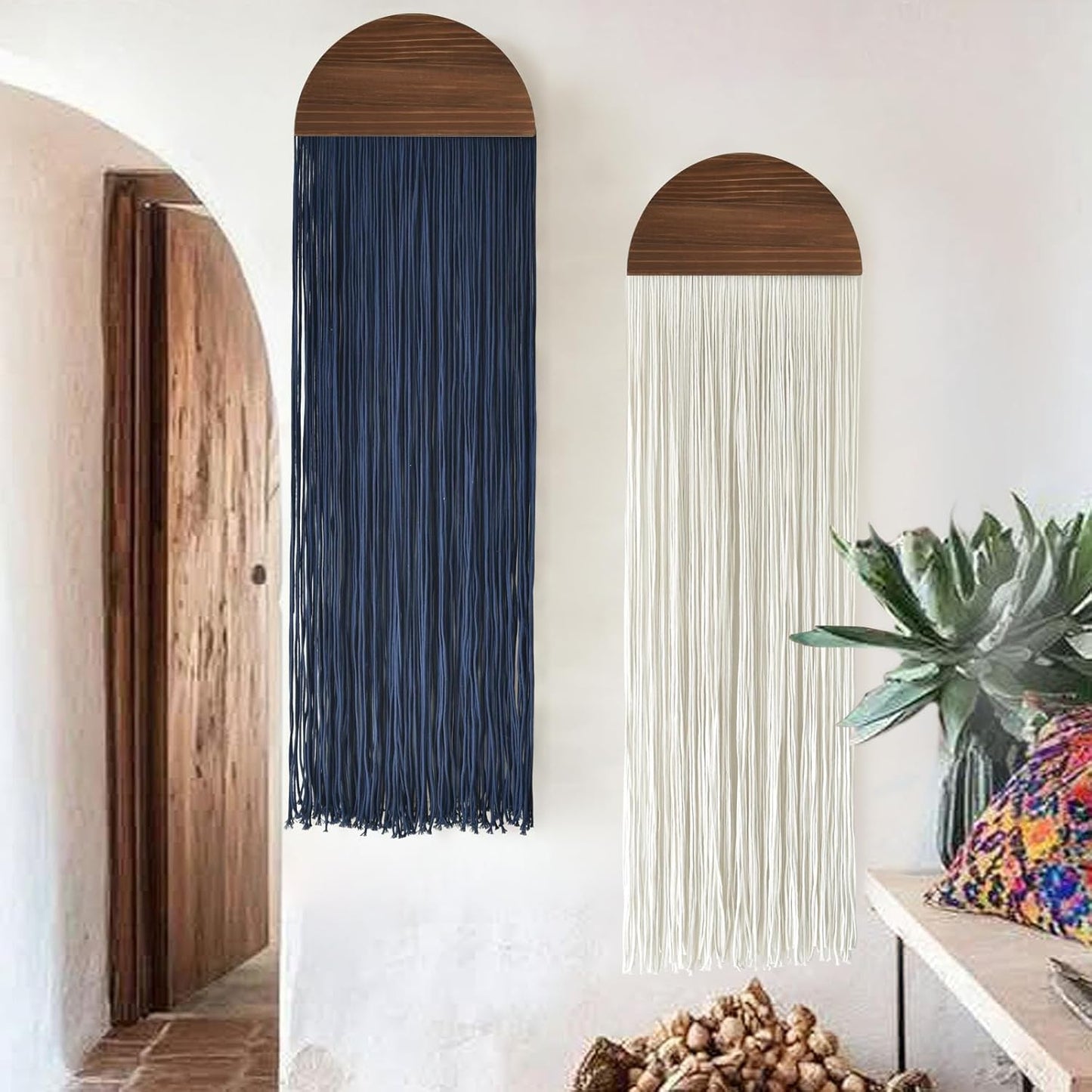 Flber 2 Pcs Macrame Wall Hanging Boho Wall Decor Handmade Macrame Art Tapestry Wedding Macrame Backdrop 13.7" W x 51" L For Living room Bedroom Headboard Decor
