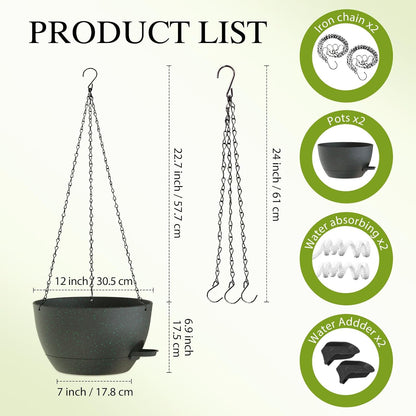 12 Inch Hanging Baskets 2 PC with Chains, Self-Watering Hanging Planters for Indoor Outdoor Plants, Plastic Hanging Flower Pots,Black