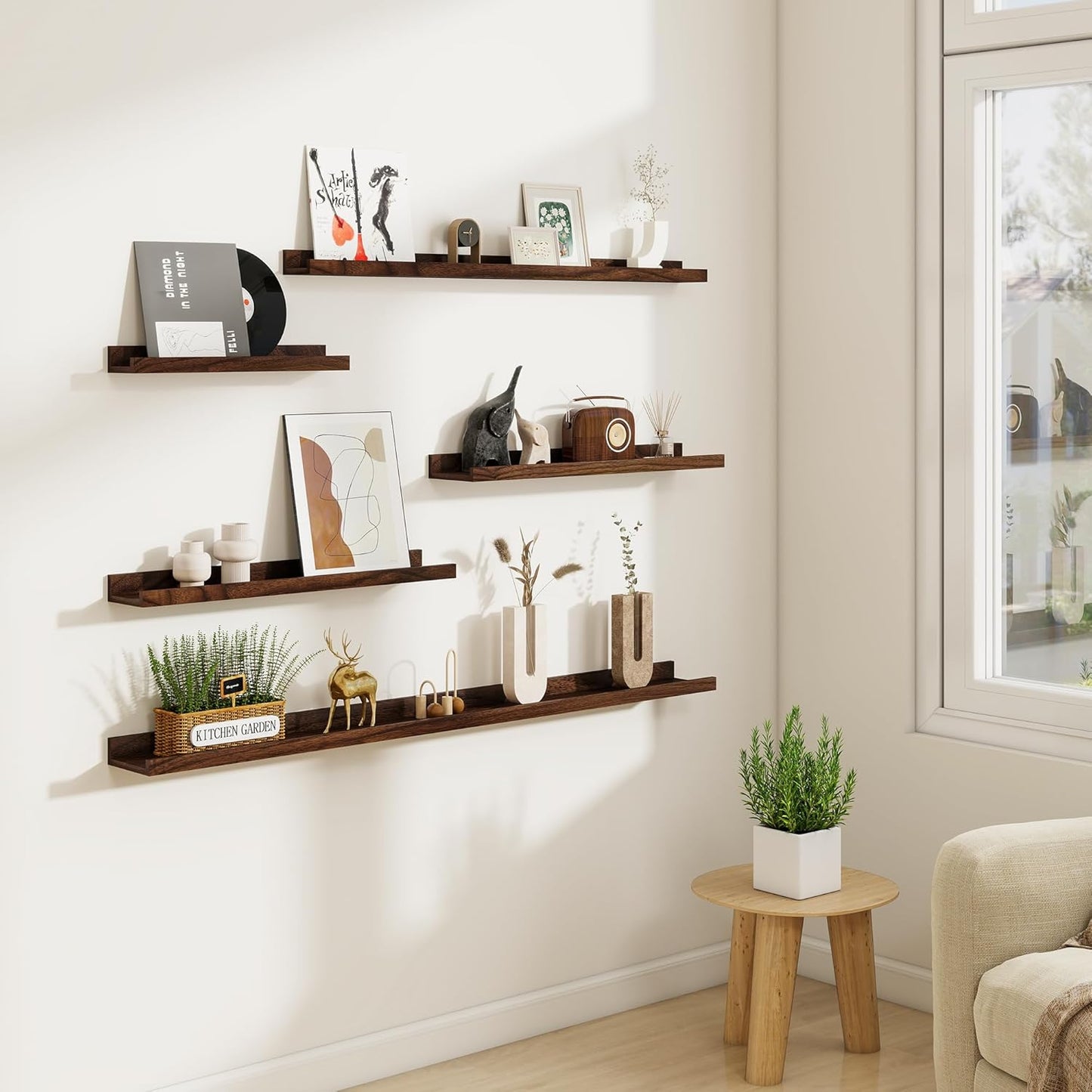 Acovy Picture Ledge Shelf Set of 6, 48 inch Long Large Floating Shelves for Wall with Lip, Wall Mounted Shelves for Living Room, Bedroom, Bathroom, Kitchen, Nursery,Oak