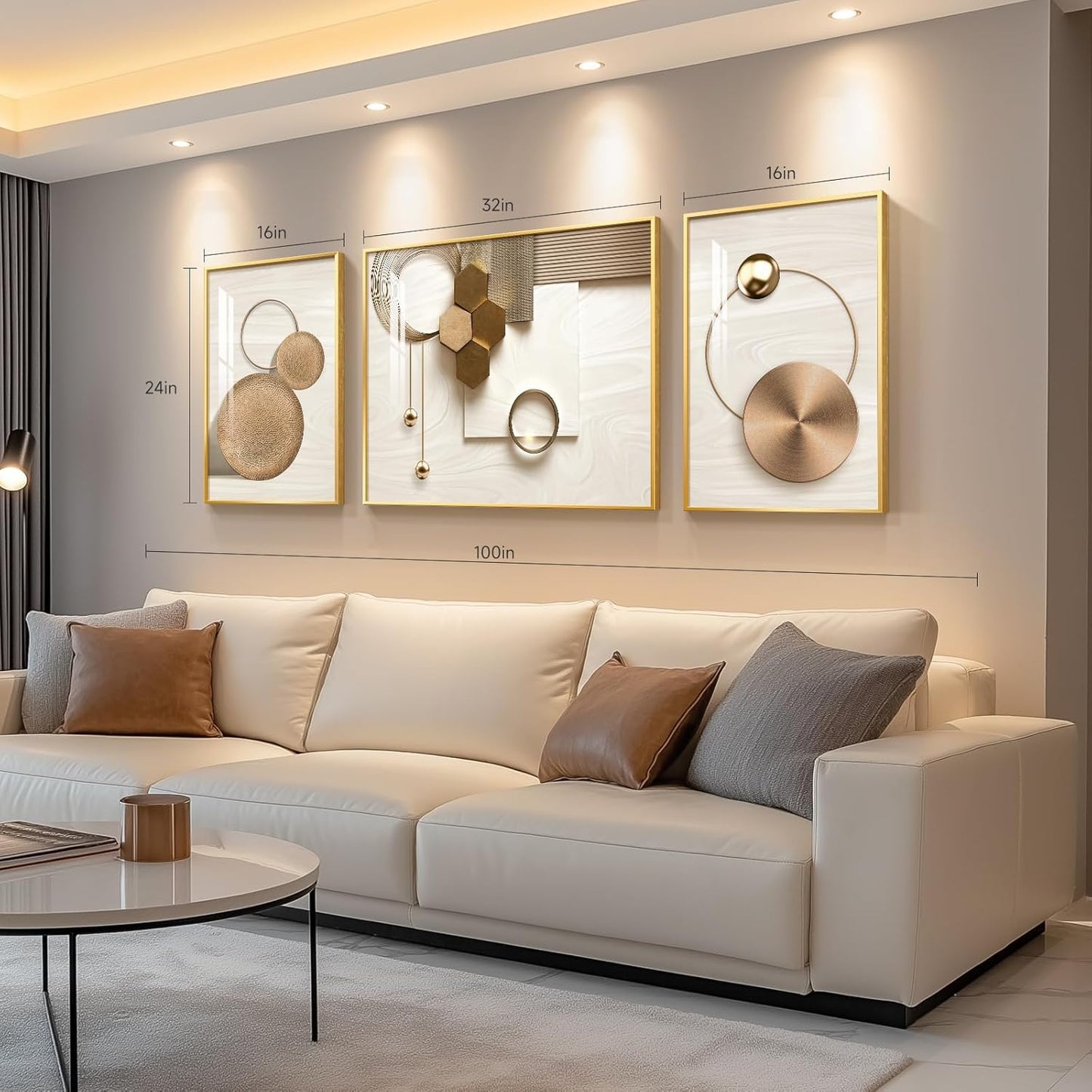 Framed Modern Luxury Gold Wall Art, Set of 3 Piece Contemporary Paintings Artwork for Walls, Golden Prints Pictures with Gold Frame, Wall Decor for Living Room, Hallway, Bedroom, Office 16x24 Inch