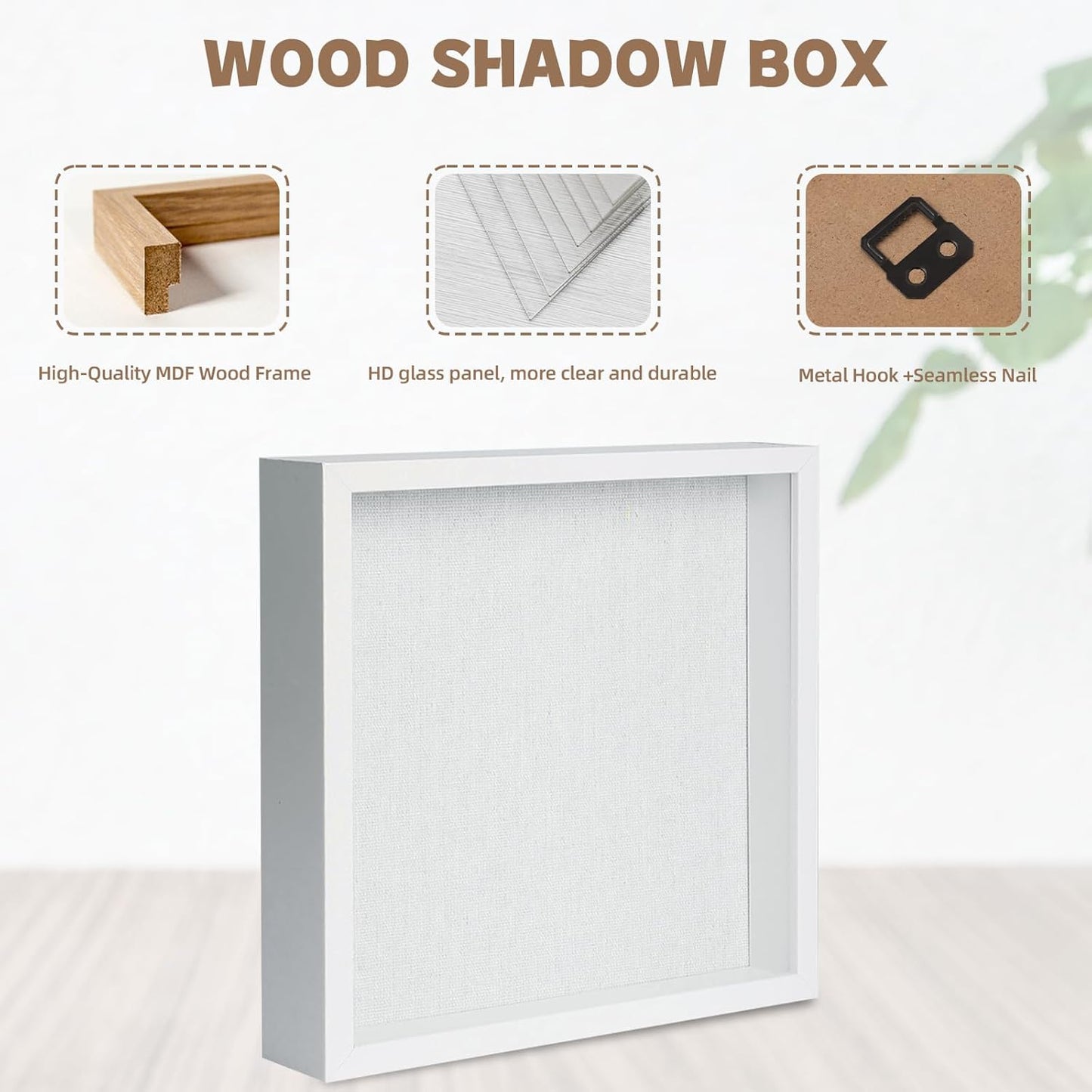 Muzilife 8x8 Shadow Box Picture Frame with Linen Board - Deep Wood & Glass Display Case Ready to Hang Memory Box Baby Sports Memorabilia, Pins, Awards, Medals, Wedding, Tickets and Photos (Black)