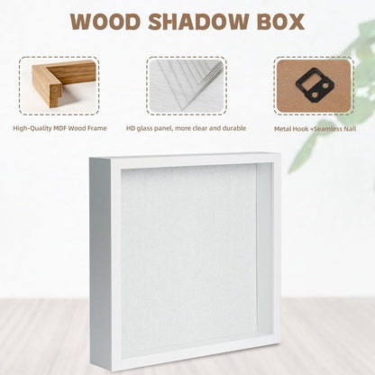Muzilife 8x8 Shadow Box Picture Frame with Linen Board - Deep Wood & Glass Display Case Ready to Hang Memory Box Baby Sports Memorabilia, Pins, Awards, Medals, Wedding, Tickets and Photos (Black)