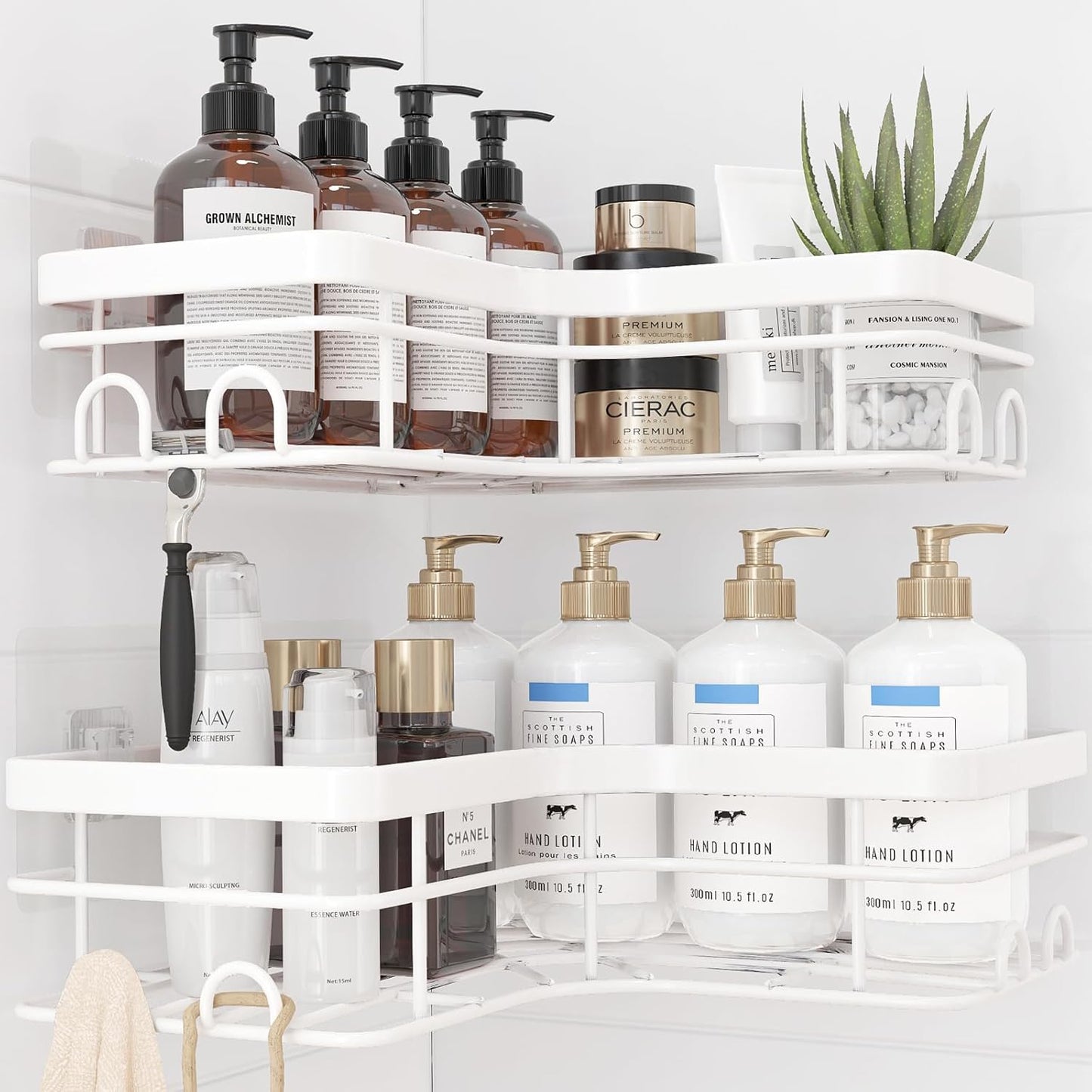 Sakugi Corner Shower Caddy - 2 Pack, Adhesive Shower Organizers, Rustproof Stainless Steel Shower Shelves with 8 Hooks, No Drilling Bathroom Organizers and Storage Racks, Space-Saving, Black, Medium