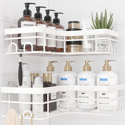 Sakugi Corner Shower Caddy - 2 Pack, Adhesive Shower Organizers, Rustproof Stainless Steel Shower Shelves with 8 Hooks, No Drilling Bathroom Organizers and Storage Racks, Space-Saving, Black, Medium