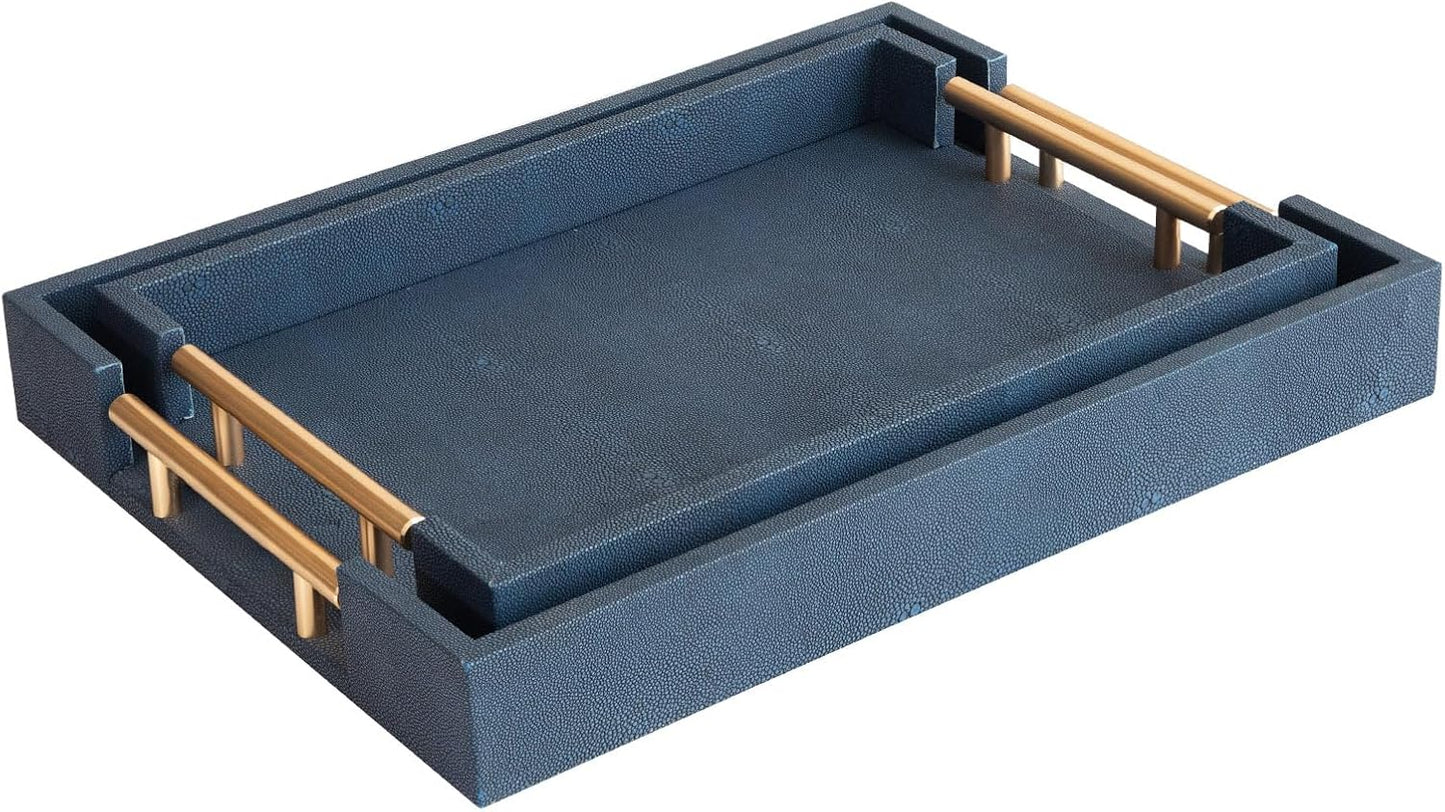 Modern Decorative Tray Set of 2 Ivory Shagreen Leather and Wood Serving Tray with Gold Polished Metal Handles for Ottoman, Coffee Table, Bathroom and More