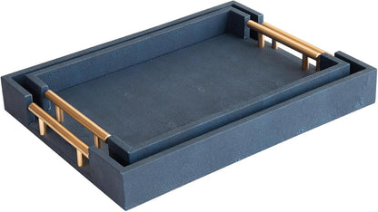 Modern Decorative Tray Set of 2 Ivory Shagreen Leather and Wood Serving Tray with Gold Polished Metal Handles for Ottoman, Coffee Table, Bathroom and More