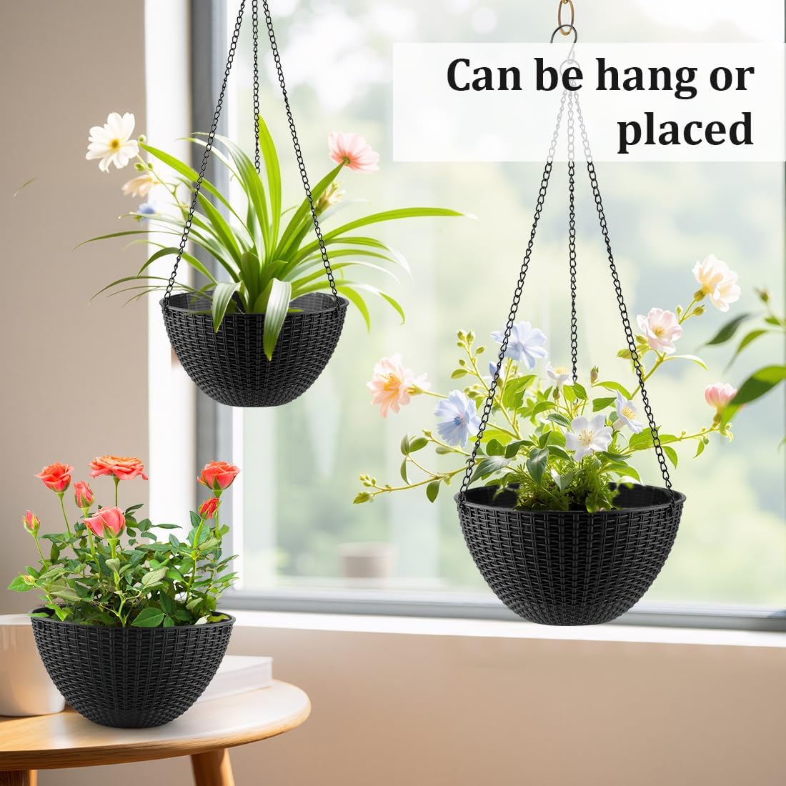 RooTrimmer Hanging Planters for Indoor Outdoor Plants 8 and 10 Inch, 4 Packs Hanging Flower Pot with Drainage Holes, Self-Watering Hanging Basket Perfect for Home, Office and Garden, White