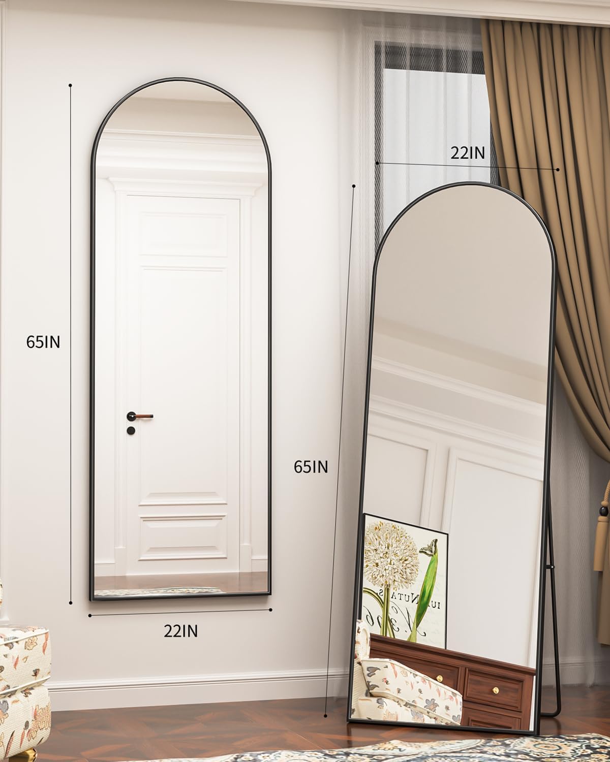 Antok 71" x28” Arched Full Length Floor Mirror, Black Aluminum Frame, Free Standing/Wall Mount/Leaning for Bedroom, Living Room, Dressing Room