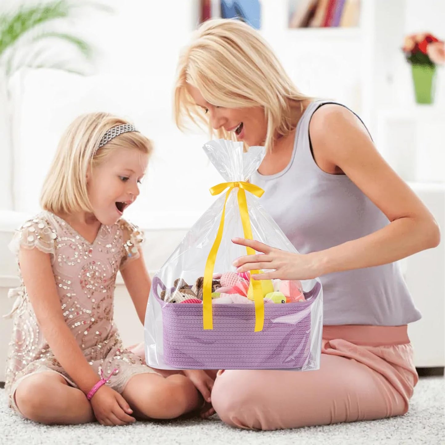OIAHOMY Woven Basket, Gift Basket Empty with Gift Bags and Ribbons, Rope Baskets for Baby Showers, Storage Baskets with Handles for Nursery, Pet Toy Organizer - White