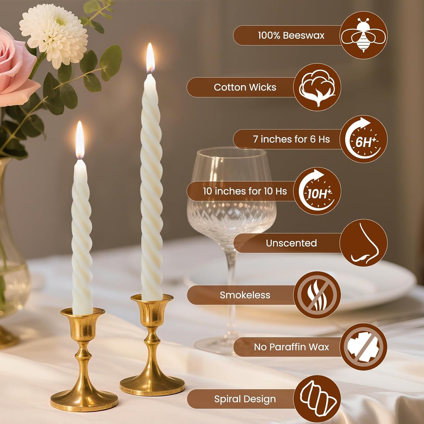 2PCS 7-Inch Pure Beeswax Spiral Taper Candles, Twisted Stick Candles, Dripless & Unscented for Weddings, Christmas, Dinner, Meditation - White