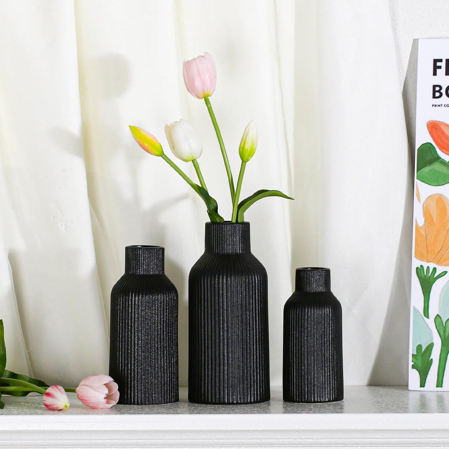 Bohemian White Ceramic Vase - for Pampas Grass, Mantel, Bookshelf, Entryway and Living Room Decor (White, 7in)