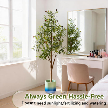 6FT Artificial Olive Tree Indoor, Tall Faux Olive Tree with Pot&Basket, Large Fake Olive Tree with Realistic 1080 Silk Leaves and 60 Fruits for Living Room Home Office Decor.
