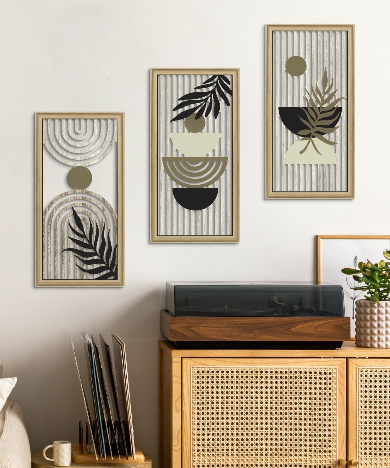 Putuo Decor Boho Abstract Wall Art, Set of 3, Modern Botanical Wooden Wall Decor, Blue Mid-Century Minimalist Framed Artwork for Living Room Bedroom, Office