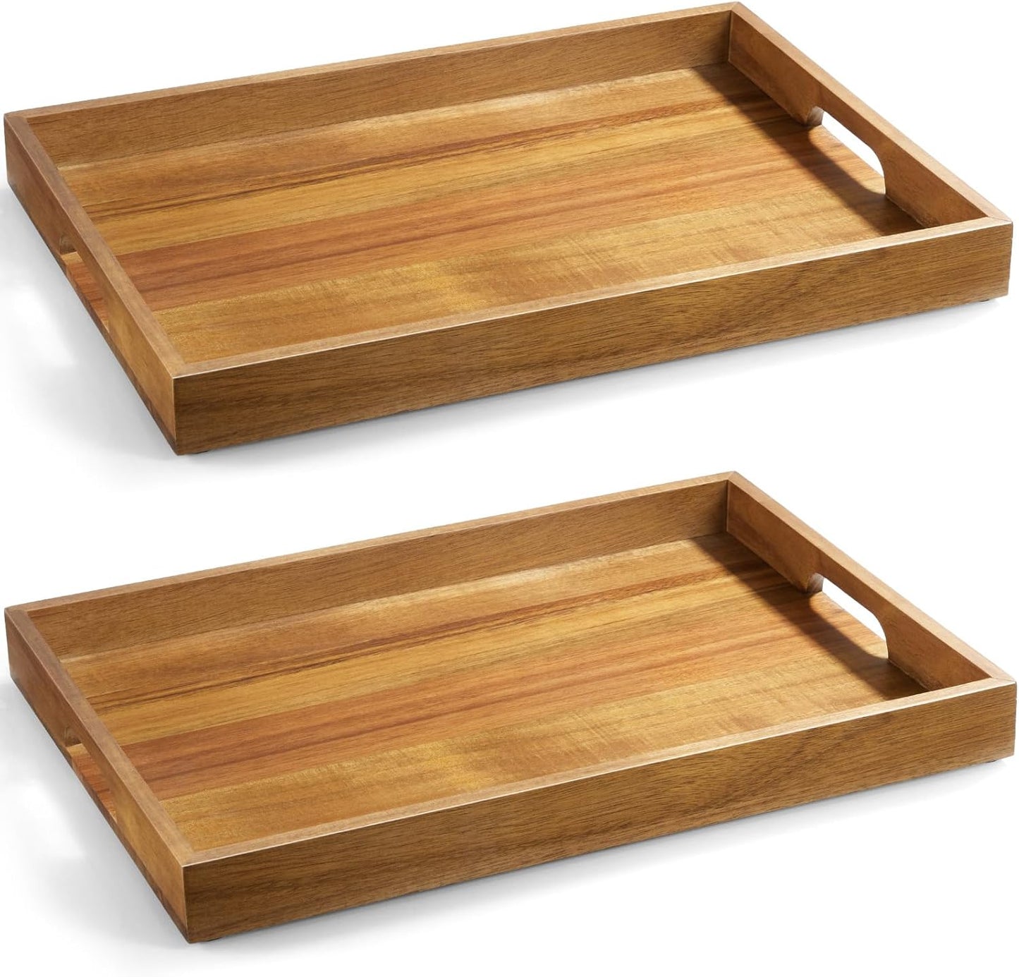 17 Inch Acacia Wood Serving Tray with Handles - Large Wooden Tray for Ottoman, Breakfast in Bed, Dinner, Coffee Table - Decorative Rectangular Tray for Living Room Bedroom Entryway and Kitchen